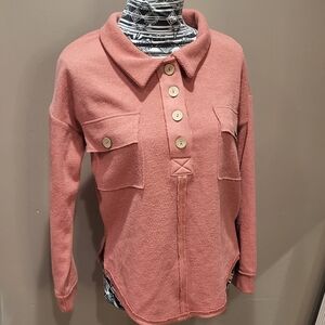 Coral Coconut Button Long Sleeve Half Button Down